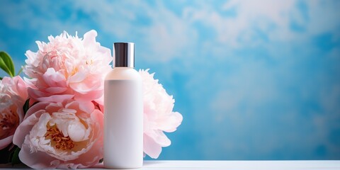 Mock up of natural, flower beauty product. White cosmetic bottle with two beautiful, pink peonies on a blue background with copy space. - obrazy, fototapety, plakaty