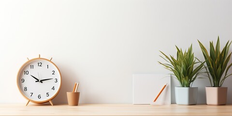 Mockup of a white background with an empty frame, a round wall clock, supplies, and a cup. desk for a home office with small space.