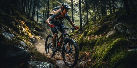Mountain biking woman riding on bike in summer mountains forest landscape