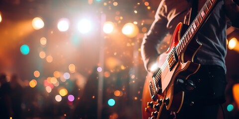 Music holiday composition with close up electronic guitar on blurred concert background with bokeh effect. - obrazy, fototapety, plakaty