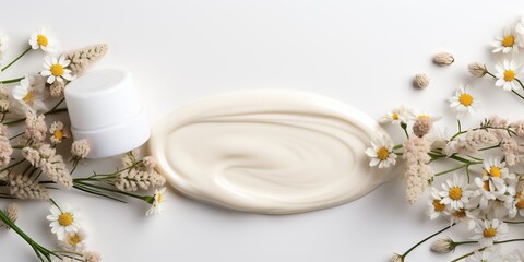Obraz na płótnie Canvas Natural cosmetic banner with organic creams and wild flowers on a white background with copy space. Concept of wild - harvested beauty and natural cosmetics based on a wild plant.