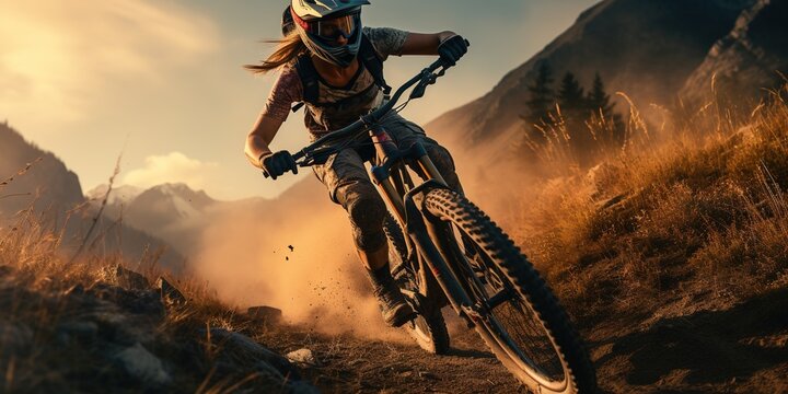Mountain biking woman riding on bike in summer mountains forest landscape
