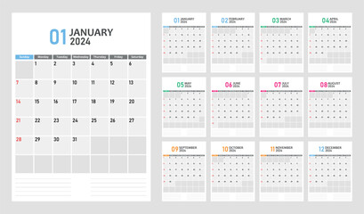 Vector calendar grid for 2024 - obrazy, fototapety, plakaty
