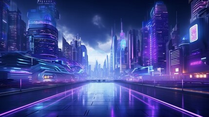 Photorealistic 3d illustration of the futuristic city in the style of cyberpunk. Empty street with...