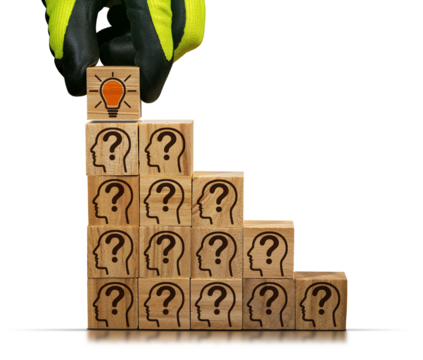 Concept of creative idea and innovation. Gloved hand arranging wood blocks with many symbols with human heads and question marks as step stair with a light bulb on last step. Isolated on white. Png.