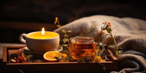 Fototapeta na wymiar Relax at home. Cup of herbal tea, aroma candle, sticks, lavender flowers, dry oranges and natural oils on wooden tray with copy space. Insomnia or depression treatment.