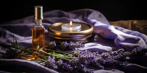 Foto auf Leinwand Sleep mask, lavender oil and serum with lavender flowers © Coosh448