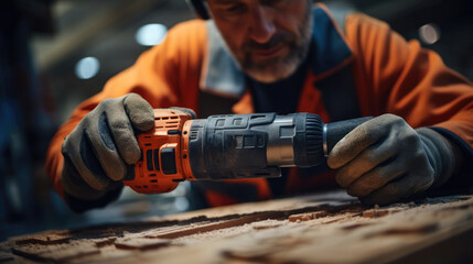 Worker holding a cordless drill in one hand, Drilling holes in the floor tile. - obrazy, fototapety, plakaty