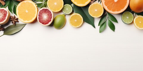 Spa relax composition with well - groomed foot with pedicure, spa accessories, citrus fruits and palm leaves on a white background with copy space.