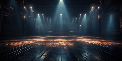 Stage on the dark floor with lights on the perimeter - obrazy, fototapety, plakaty