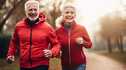 Smiling senior active couple jogging together in the park.