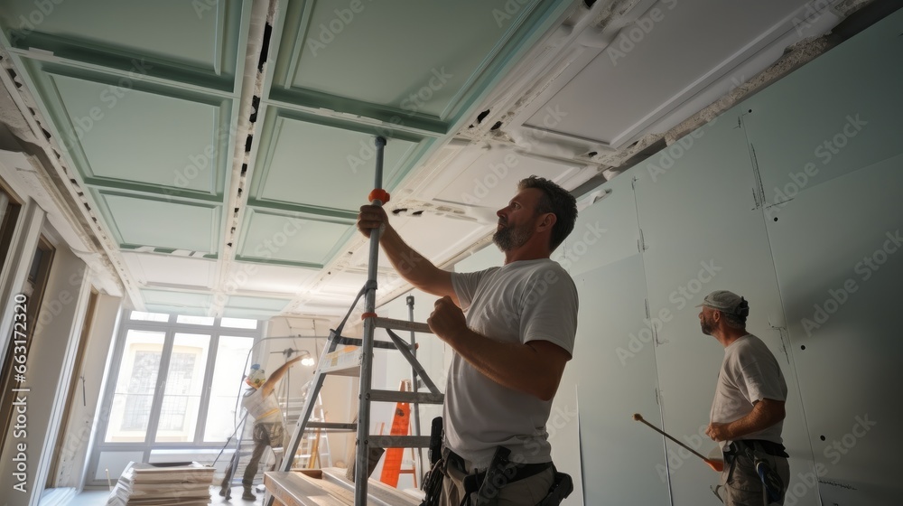 Poster workers fitting panel into frame of ceiling at home under construction.