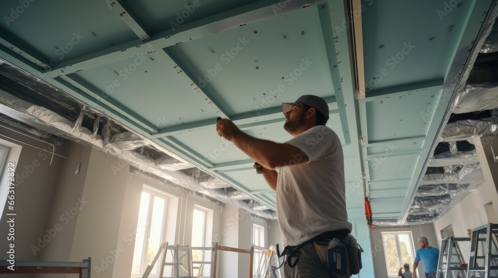 Poster workers fitting panel into frame of ceiling at home under construction.