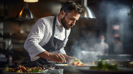 Chef Serving Gourmet Dish in Restaurant Kitchen