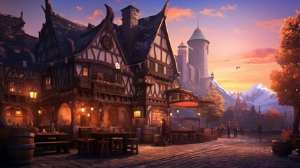 Fototapeta premium the big medieval fantasy tavern in a town with beautiful sunset sky scenery. 