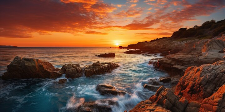 The sun is setting over the ocean with rocks in the foreground.