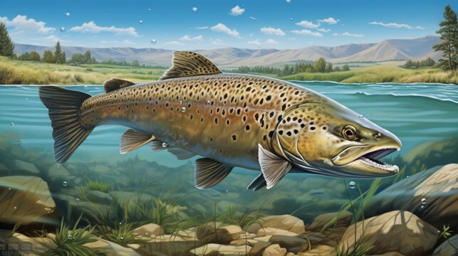 Trout in the pool at the fish farm, illustration, Fish, fishing, animal, aquaculture, pisciculture and mariculture. 