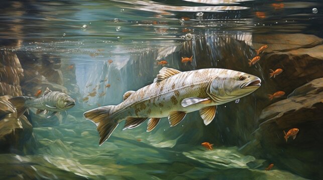 Trout in the pool at the fish farm, illustration, Fish, fishing, animal, aquaculture, pisciculture and mariculture   AI Generated 