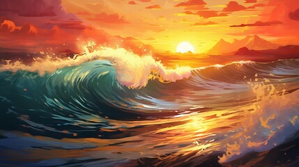 Waves at sunset. Abstract, art, design, sky, high resolution, painting, travel, sun, beach, masterpiece, digital art, splash, wallpaper, ecological, scenic view. Creativity concept. 