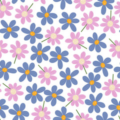 Cute pink and lilac floral seamless pattern. Hand drawn simple flowers on white background. Raster allover illustration great for fabric print