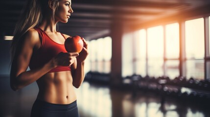 Woman exercise workout in gym fitness breaking relax holding apple fruit after training sport with...