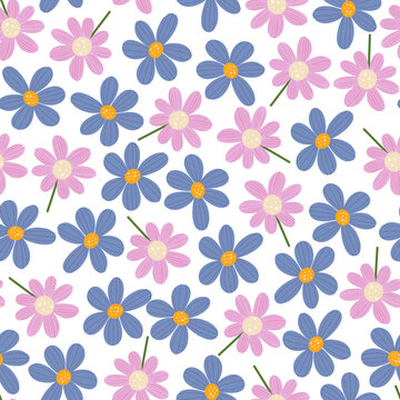 Cute pink and lilac floral seamless pattern. Hand drawn simple flowers on white background. Raster allover illustration great for fabric print © Shakhnoza