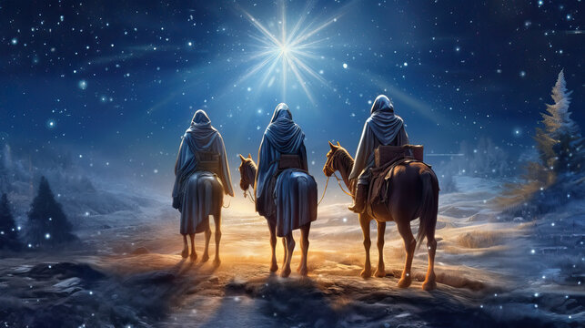 Epiphany celebration concept. Three wise men on the way to Bethlehem to Mary, Joseph and Baby Jesus