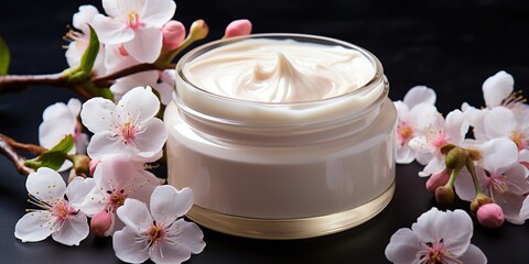 Whitening and moisturizing Face cream in an open glass jar and flowers on white background. Set for spa, skin care and body products