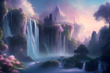 A Scene Depicting a Mythical Realm of Breathtaking Waterfalls (Generative Art)