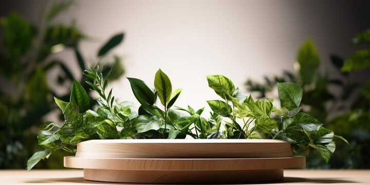 Wooden podium with green leaves of home plants on a white table with shadows. Concept scene stage showcase for new product, promotion sale, banner, presentation, cosmetic.