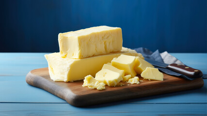 Pieces of butter on cutting board on blue wooden table, closeup