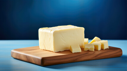 Block of butter on a cutting board on a blue background with copy space - obrazy, fototapety, plakaty
