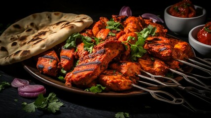 Sizzling Tandoori Chicken Skewers with Naan Bread - obrazy, fototapety, plakaty