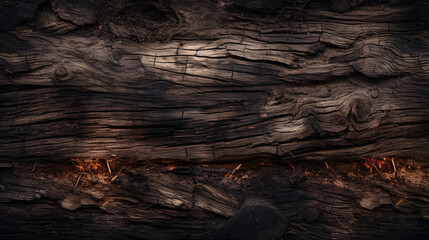Burned Wood closeup dark photo background  - Burnt wooden board, black charcoal wood texture, burned coal barbecue background with copy space, top view - Ai