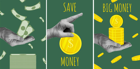 Trendy Business banner with Halftone hand, coin, money, dollars and font. Nostalgia art with grunge element. Set Retro Bussines Poster for Social Media. Vector illustration.	 - obrazy, fototapety, plakaty