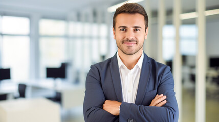 Happy yoing business man ceo standing in office arms crossed. Smiling confident professional executive manager, proud lawyer.
