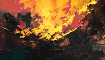 Abstract oil painting, gold yellow, pink, black brush strokes background, wallpaper, paint texture, bold art, expressive artwork, fine realistic detail, modern style, evoking vibrant emotions, feeling