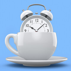 Vintage alarm clock with ceramic coffee cup on blue background.