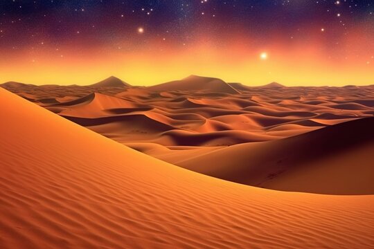 A beautiful desert landscape with rolling sand dunes under a warm gradient starry sky at sunrise. Generative AI