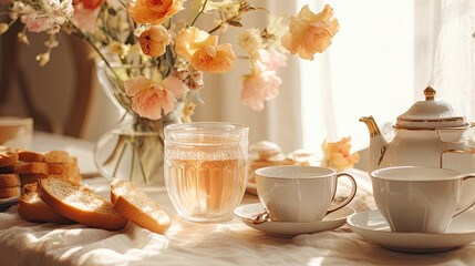 Vintage cups with tea and coffee, with toasts, in the white retro kitchen, sunny morning breakfast...