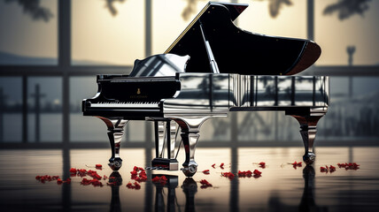 A grand piano on a mirrored surface of still water.