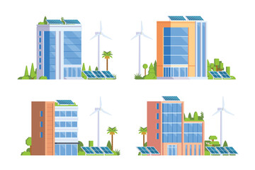 Green Powered Building Office Vector element illustration Eco Concept city illustration with a tree, solar panels, wind turbines and green spaces	
