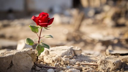 Red rose on the ruins of damaged house in Palestine - obrazy, fototapety, plakaty