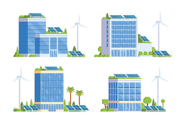 Green Powered Building Office Vector element illustration Eco Concept city illustration with a tree, solar panels, wind turbines and green spaces	

