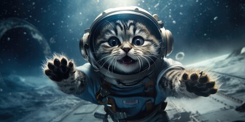 a cute cat in an astronaut suit is flying in the moon, AI Generative