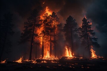 The forest is on fire. Forest fires and a lot of smoke resulted in burned trees.