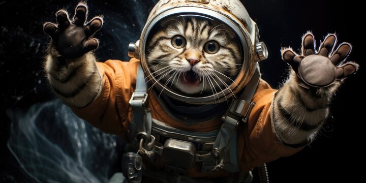 a cute cat in an astronaut suit is flying in the moon, AI Generative