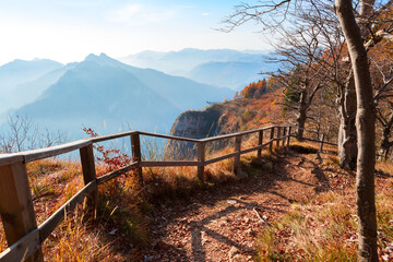 The hiking trail  with a panoramic view from Parco Valentino in autumn, Piani dei Resinelli, Lecco, Province of Lecco, Lombardy, Italy - 663176516