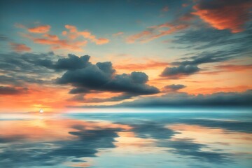 An aerial view of the sunset over the ocean. Water, sky, and clouds are all there is. A dramatic and picturesque evening scene. Background of colorful clouds and ocean.