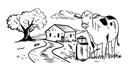 Charming Cow and Milk Can Outline Illustration